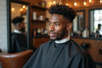 Homme aux cheveux frisés avec coupe taper fade nette dans un salon de barbier moderne