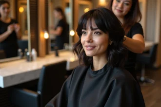 Femme au grand front dans un salon de coiffure parisien avec une coupe à frange latérale douce qui valorise son visage