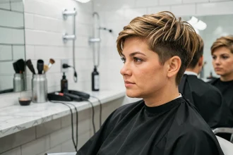 Femme aux joues rondes avec une coupe courte pixie bob texturée dans un salon de coiffure moderne, vue de trois quarts