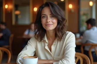 Femme aux cheveux mi-longs wavy dans un café parisien, coupe coiffée-décoiffée naturelle