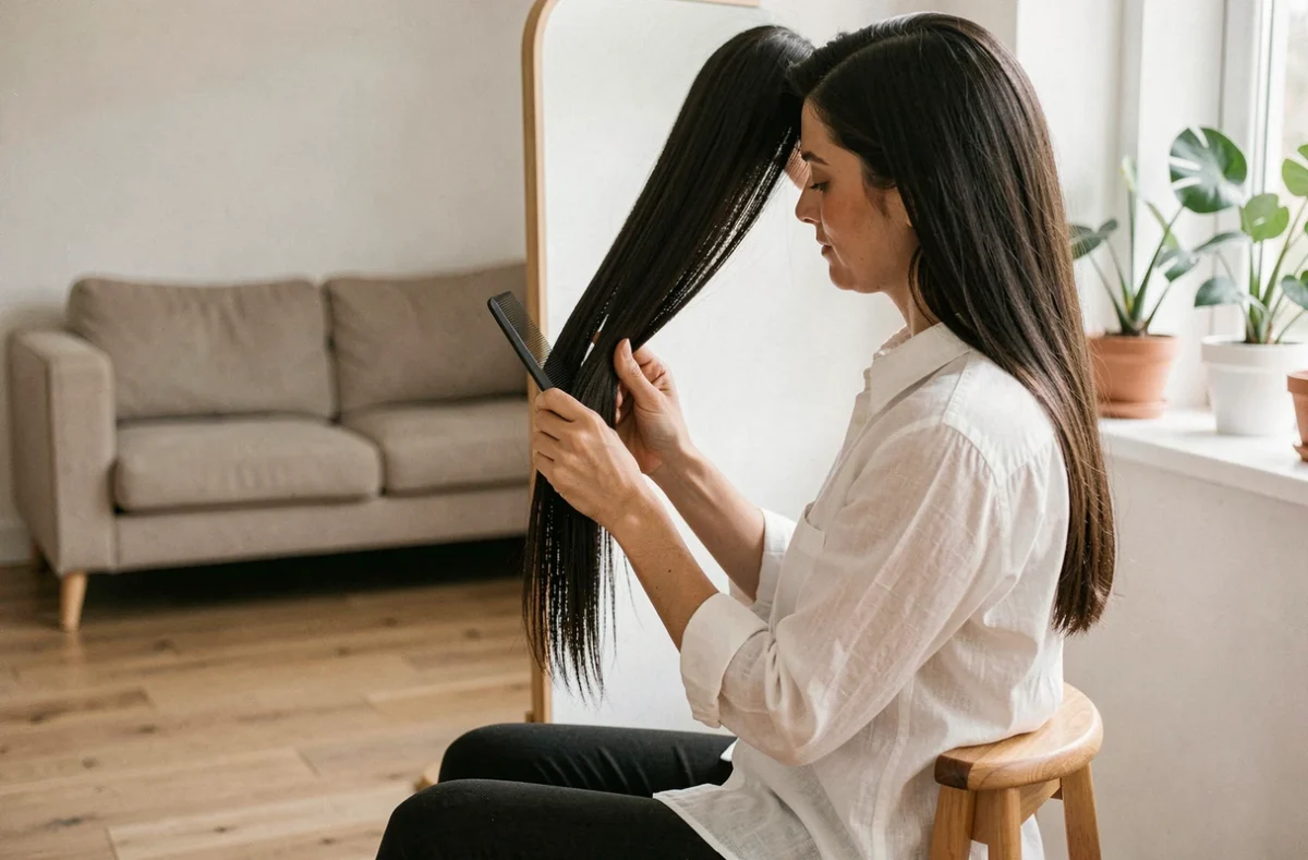 Femme assise sur un tabouret qui prépare une coupe de pointes maison avec un miroir et un peigne
