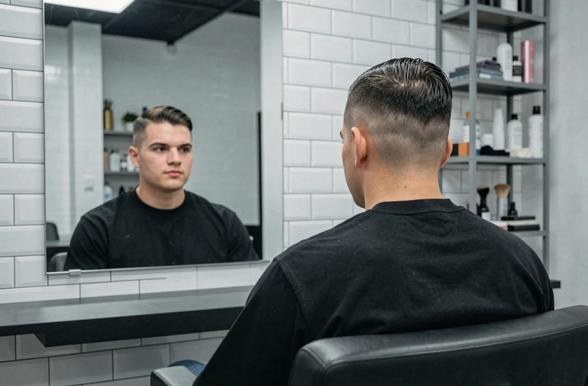 Vue de dos d'un homme avec une coupe taper fade nette reflétée dans un miroir de barbershop moderne