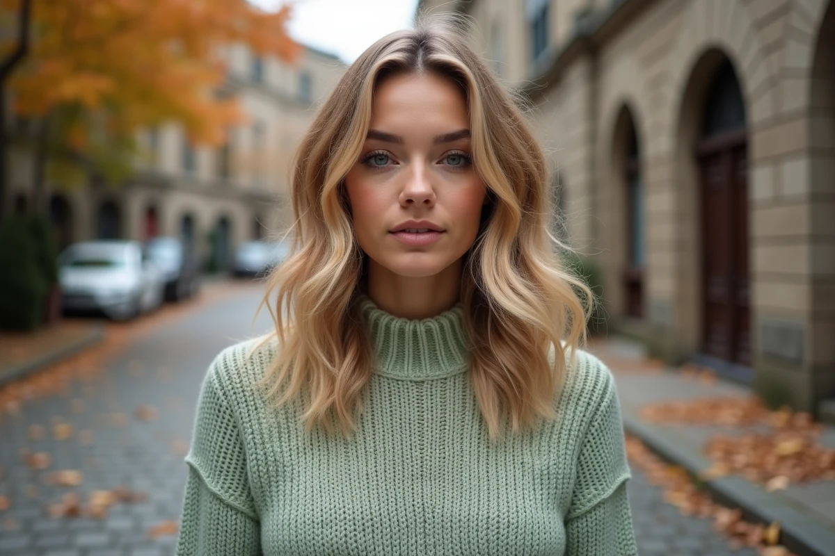 Femme blonde avec une coupe wavy mi-longue en extérieur en automne, effet naturel et décoiffé