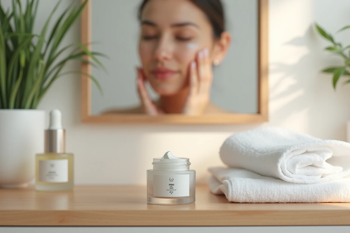 Pot de crème anti-rides Filorga posé sur une étagère de salle de bain avec sérum et serviette blanche