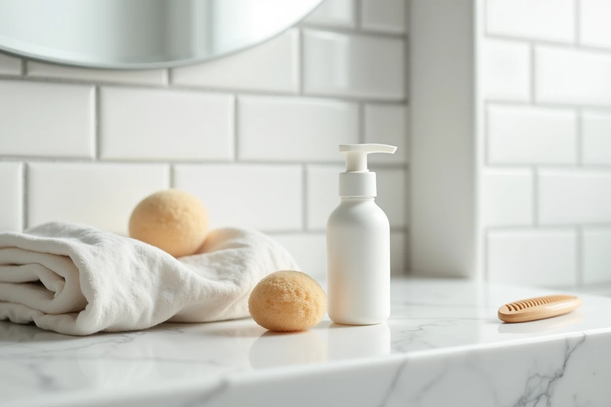 Tube de crème hydratante pour bébé posé sur un plan de salle de bain en marbre blanc avec accessoires de soin
