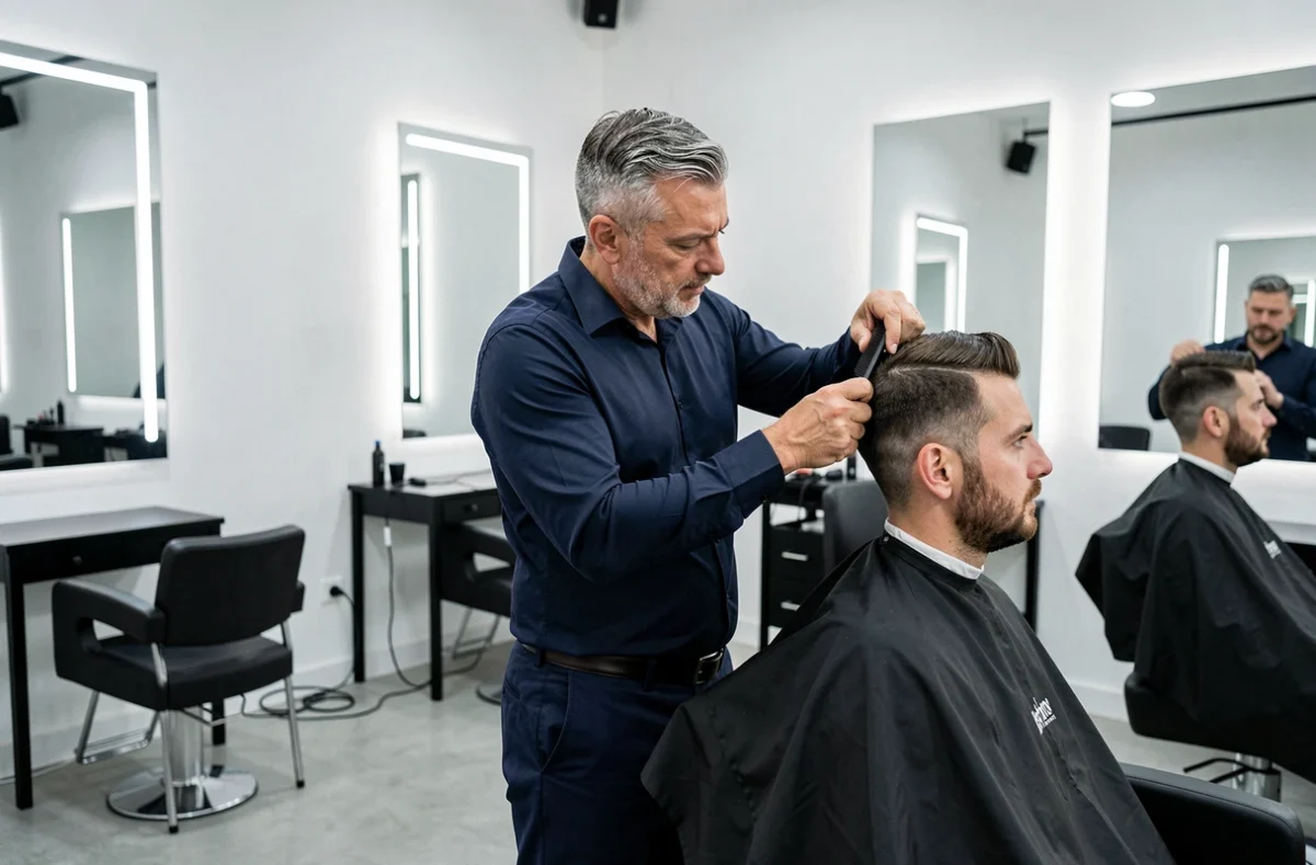 Coiffeur masculin finalisant une coupe courte élégante dans un salon au style parisien épuré à Montrouge