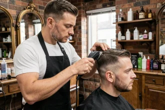 Coiffeur homme réalisant un dégradé blanc en barbershop moderne avec chaise vintage et murs en brique