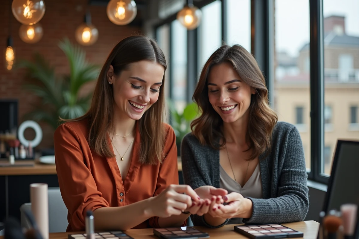 Deux femmes aux yeux marron verts comparant des palettes de fards à paupières dans un espace beauté loft, tendances maquillage 2026 pour yeux noisette