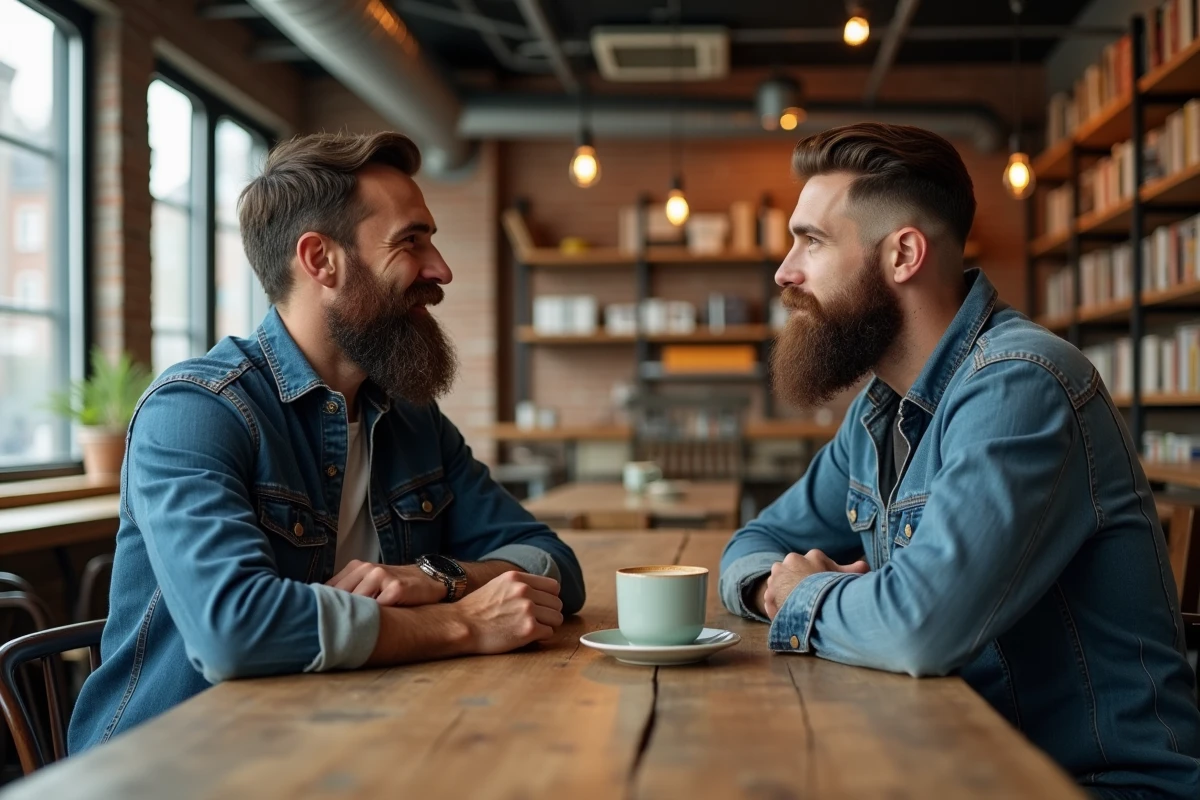 Deux hommes à barbes longues et moustaches soignées discutant dans un café avec une ambiance urbaine décontractée