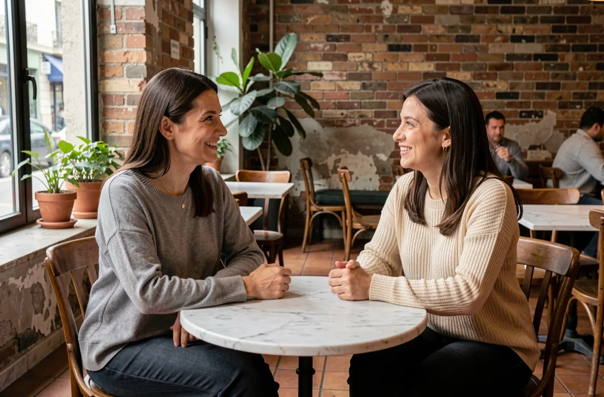Deux femmes aux morphologies de nez différentes discutant dans un café, illustration de la diversité des normes de beauté