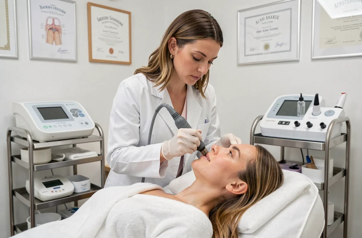Experte en soins visage réalisant un traitement de microdermabrasion sur une cliente dans le cabinet clinique Docteur Ka dans le 4e arrondissement de Paris