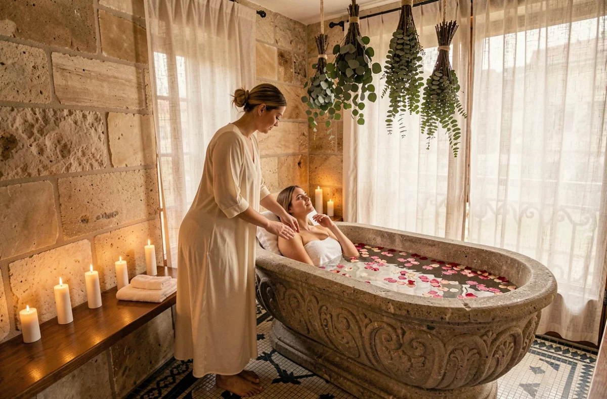 Thérapeute accompagnant une cliente vers un bain de fleurs dans l'espace spa sensoriel d'Eden des Sens dans le 10e arrondissement de Paris