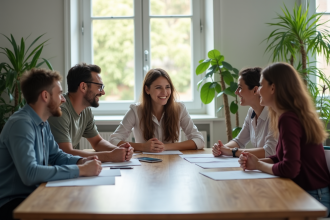 Équipe diversifiée collaborant dans un bureau lumineux