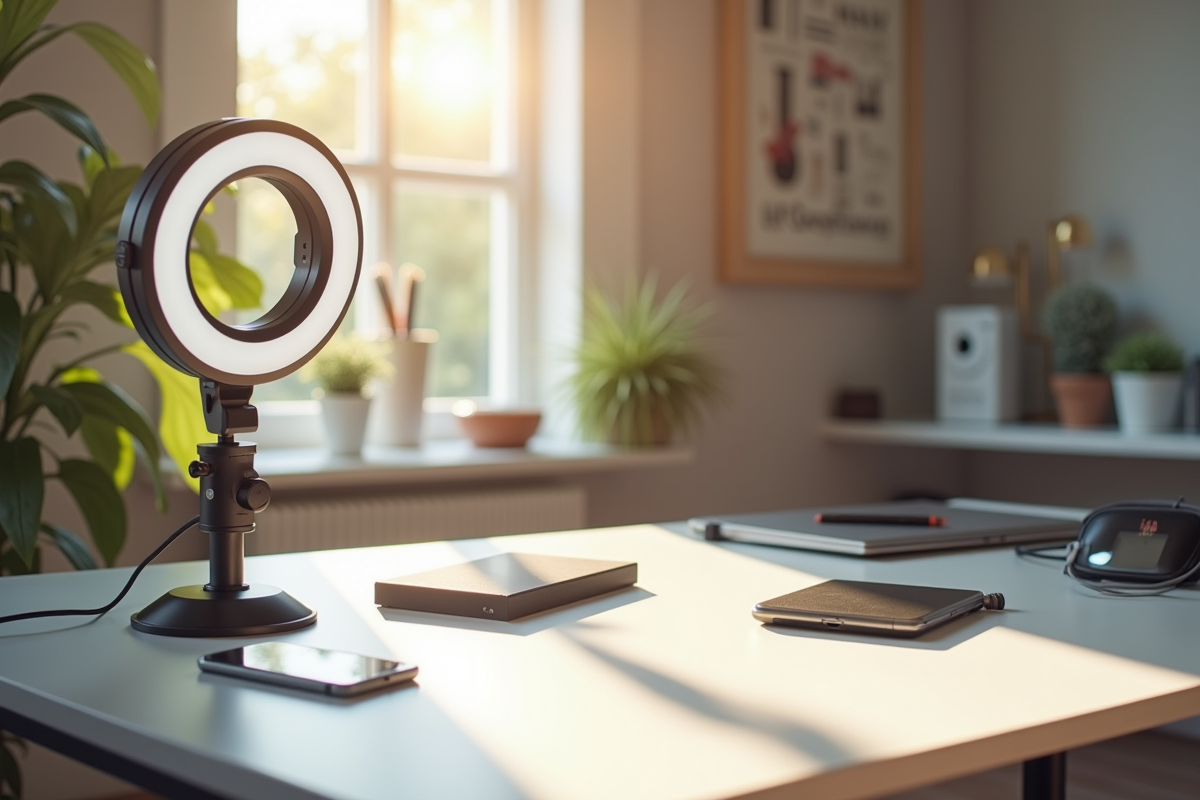 Espace de travail vide avec ring light et appareils numériques abandonnés