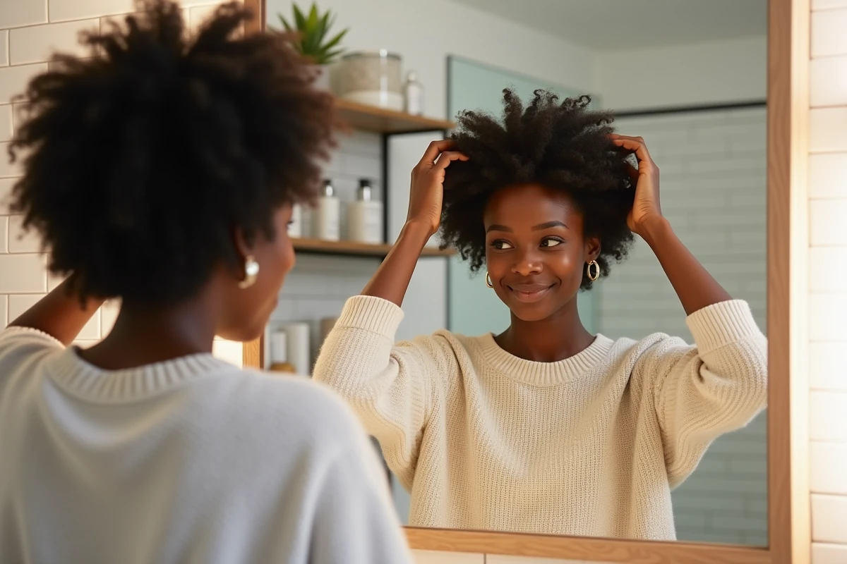 Femme noire avec un grand front testant des coiffures devant le miroir de sa salle de bain à la maison