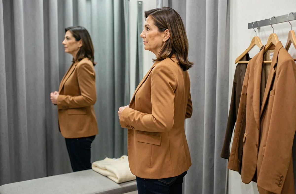 Femme essayant un blazer camel dans une cabine d'essayage lors d'une séance de relooking