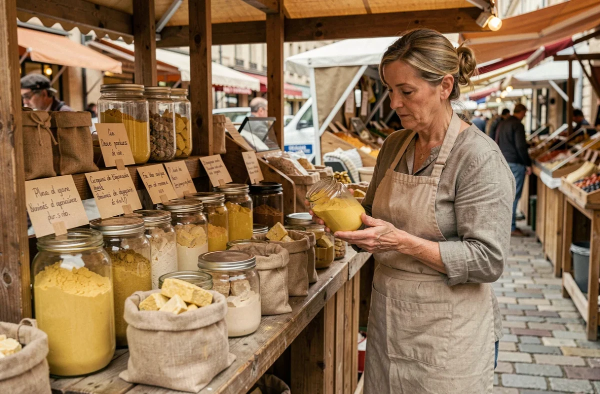 Étal de marché présentant différentes qualités de soufre jaune naturel en poudre et en morceaux bruts avec étiquettes d'origine