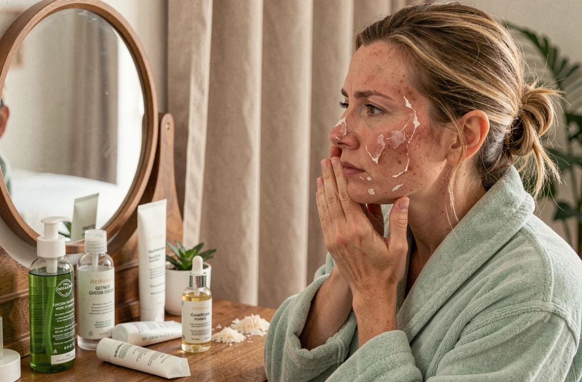 Femme d'une quarantaine d'années examinant ses peaux mortes et son visage qui pèle après un coup de soleil dans un miroir grossissant, entourée de produits de soin