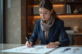 Jeune femme d'affaires examine des croquis de mode luxe