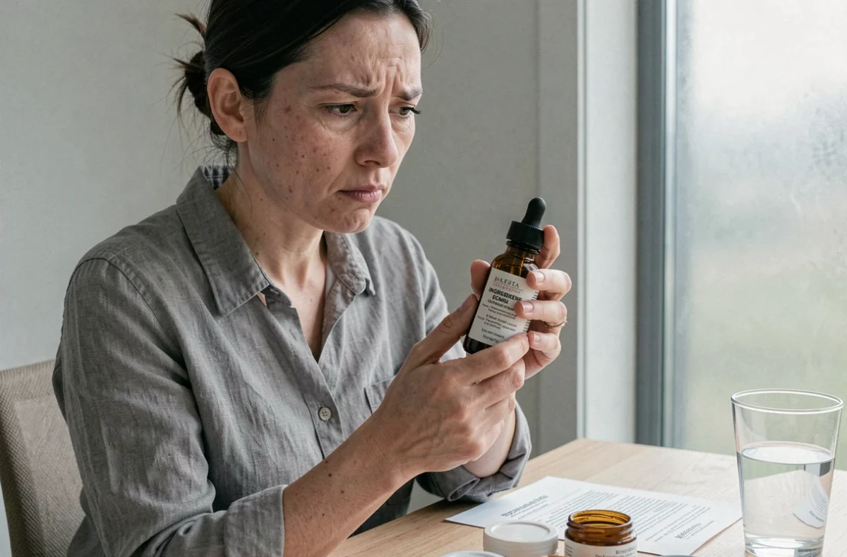 Femme analysant une bouteille de sérum de soin de peau avec une expression dubitative à son bureau à domicile