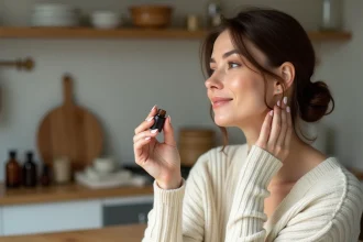 Femme appliquant une huile essentielle dans le cou