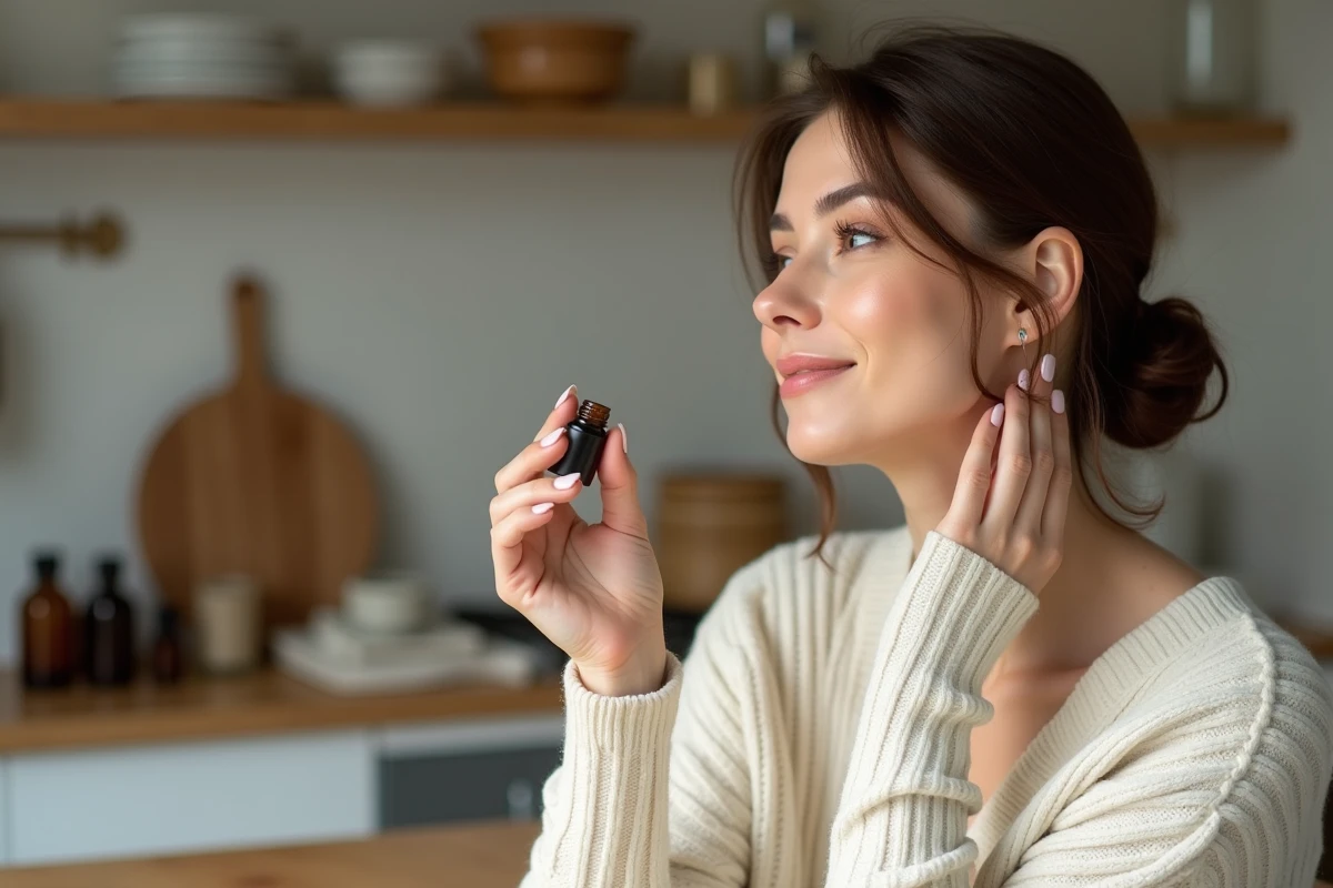 Femme appliquant une huile essentielle dans le cou