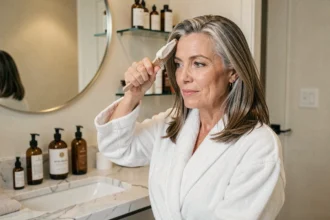 Femme aux cheveux blended grey appliquant un masque hydratant devant son miroir de salle de bain