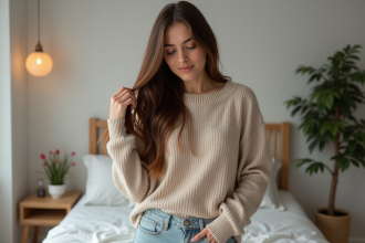 Femme aux cheveux longs et bruns dans un salon cosy