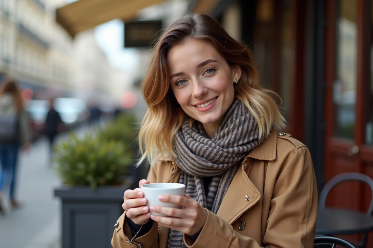Jeune femme souriante dans un cafe parisien en terrasse