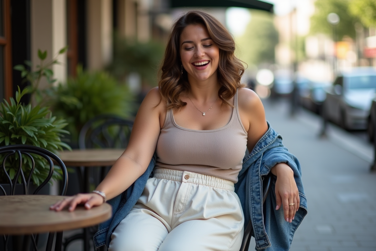 Femme souriante en terrasse de café en été
