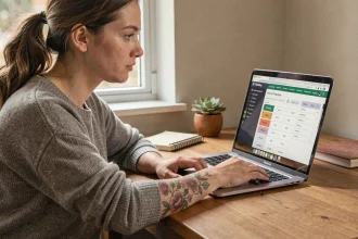 Jeune femme avec un tatouage de bras consultant une calculette de coût de tatouage sur un ordinateur portable