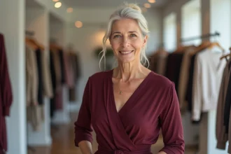 Femme aux cheveux blanc gris portant une robe bordeaux qui flatte son teint dans une boutique parisienne