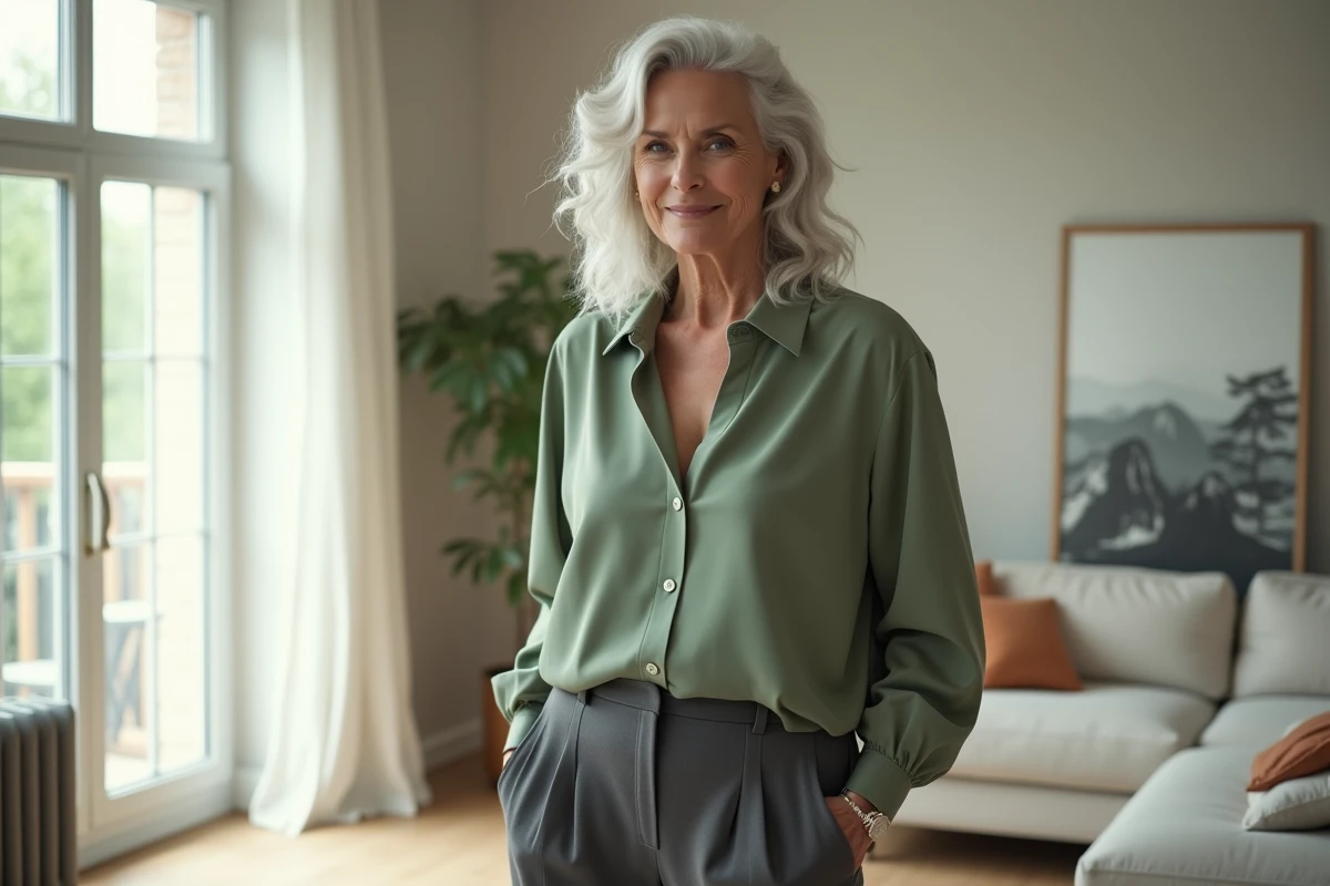 Femme aux cheveux blancs bouclés portant un chemisier vert sauge et un pantalon anthracite dans un appartement scandinave