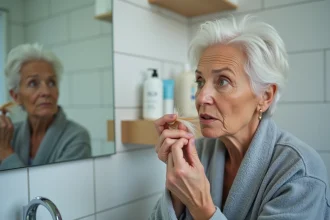 Femme aux cheveux blancs tachés par la bétadine examinant ses mèches décolorées dans un miroir de salle de bain