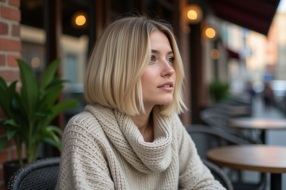 Jeune femme blonde avec coupe shaggy au cafe