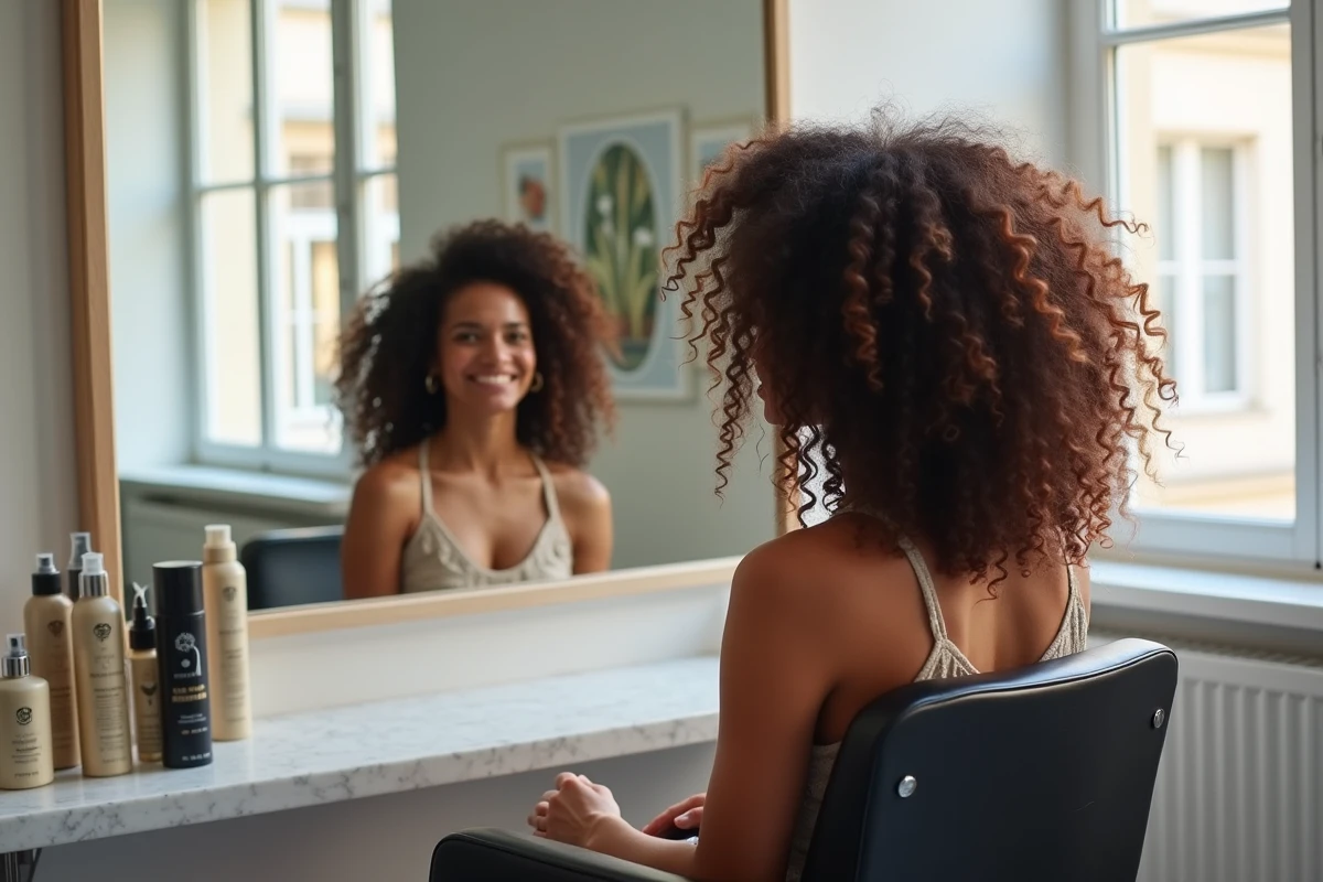 Femme aux cheveux bouclés naturels admirant sa coiffure dans un miroir de salon à Lyon