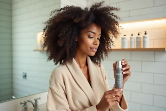 Jeune femme aux cheveux bouclés appliquant un soin Olaplex dans une salle de bain moderne