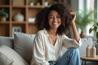 Jeune femme aux cheveux crépus naturels souriante dans un salon cosy
