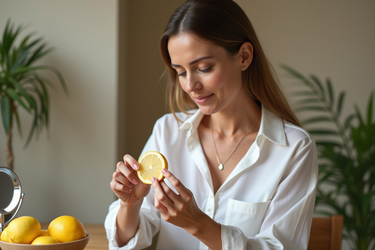 Femme avec peau olive appliquant un citron sur sa main