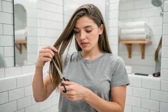 Jeune femme qui se coupe les pointes seule dans la salle de bain avec des ciseaux professionnels