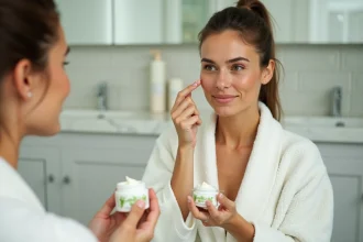 Femme appliquant une crème bio La Provençale sur le visage devant un miroir de salle de bain