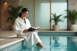 Femme relaxant dans un spa intérieur en peignoir blanc