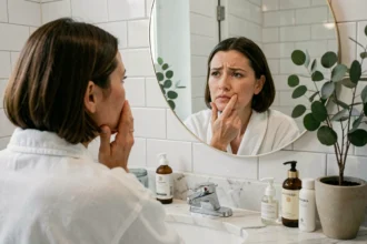 Femme d'une quarantaine d'années examinant sa peau dans un miroir de salle de bain avec des produits de soin posés sur le comptoir