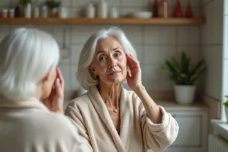 Femme âgée appliquant de la henné sur ses cheveux dans la salle de bain