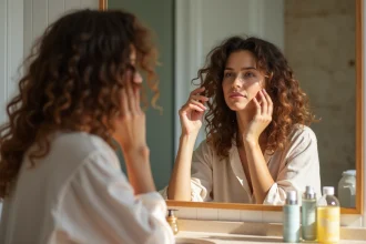 Femme appliquant de l'huile capillaire dans un miroir