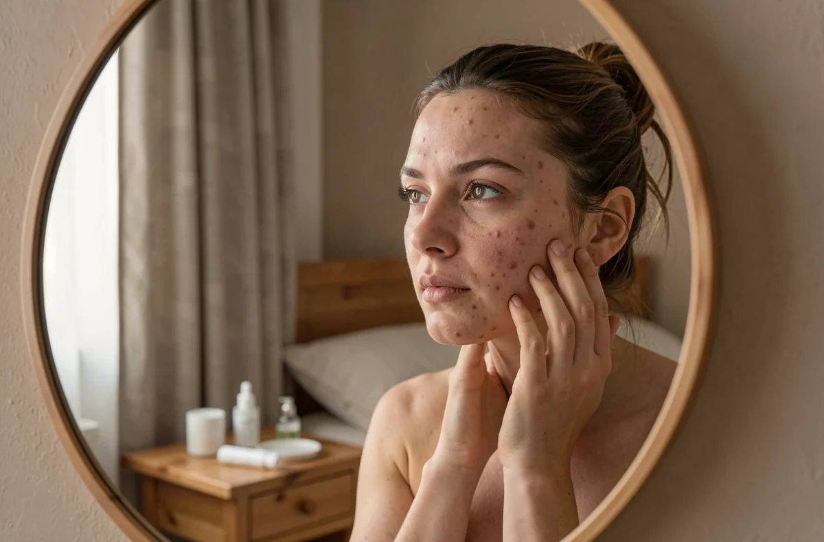 Jeune femme adulte inspectant sa peau sensible et acnéique dans un miroir après plusieurs semaines d'utilisation d'Eau Précieuse