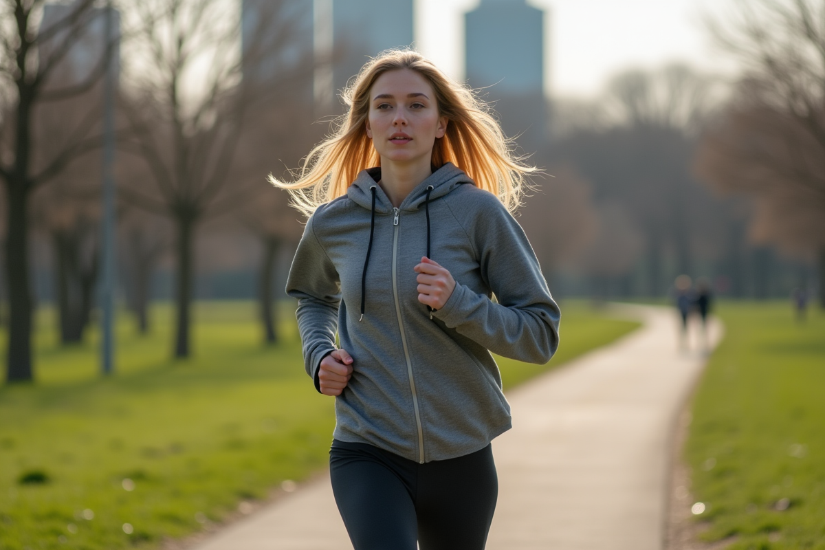 Jeune femme blonde en jogging dans un parc urbain