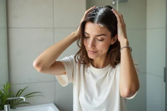 Jeune femme lavant ses cheveux dans une salle de bain moderne