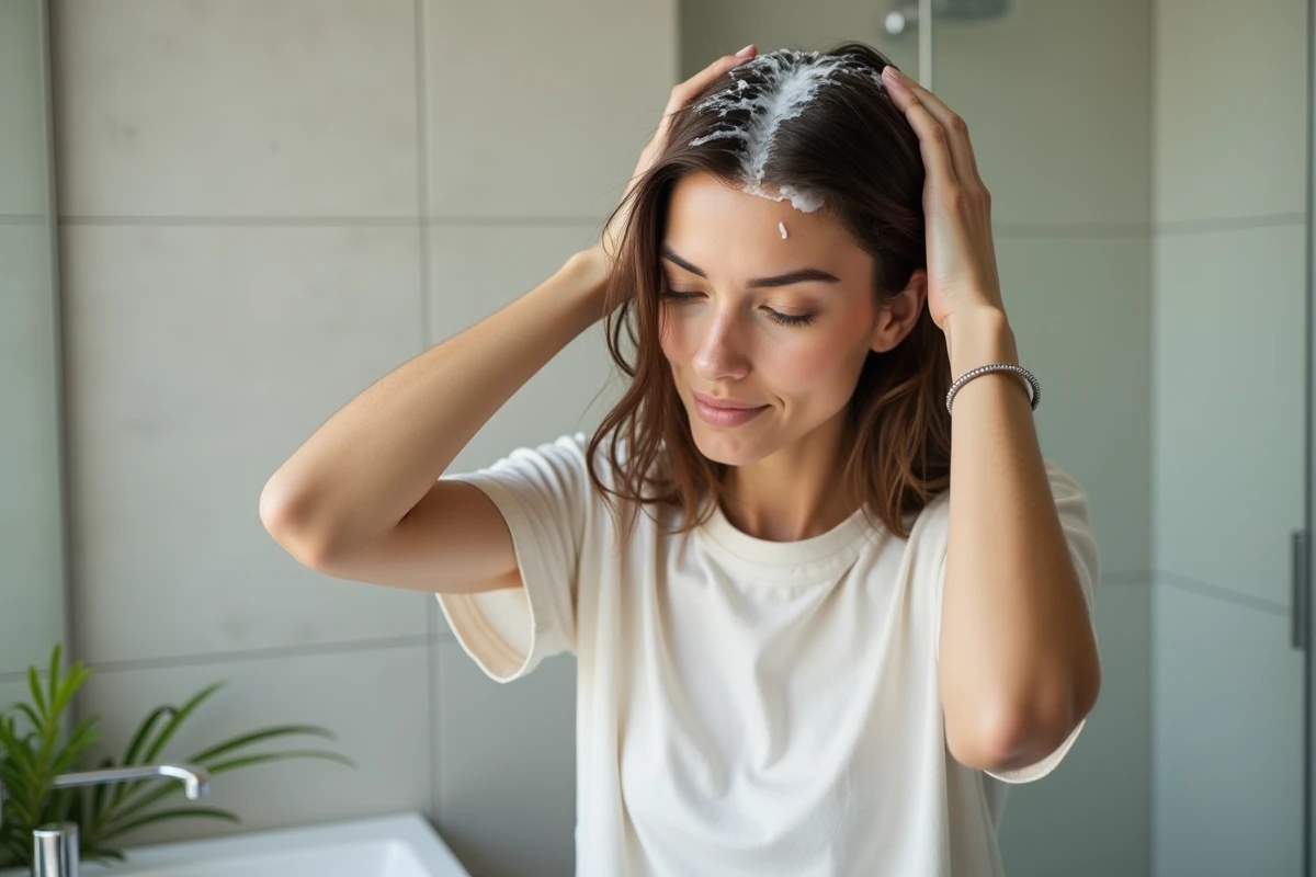 Jeune femme lavant ses cheveux dans une salle de bain moderne