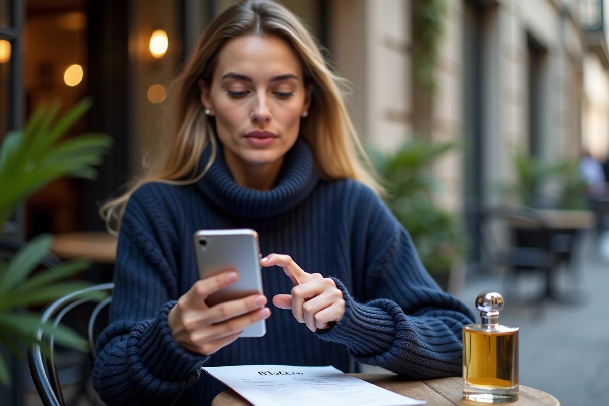Femme consultant une liste de dupes de parfum Adopt sur son smartphone en terrasse de café avec un flacon de parfum à la main